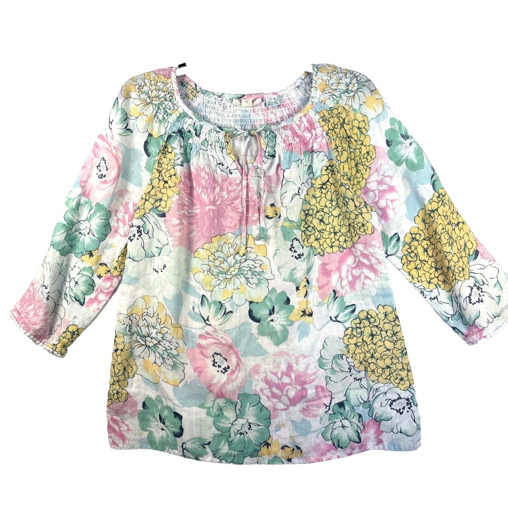 Charter Club Luxury Womens Shirt 100% Linen Pullover Sleeve Tunic Floral Small